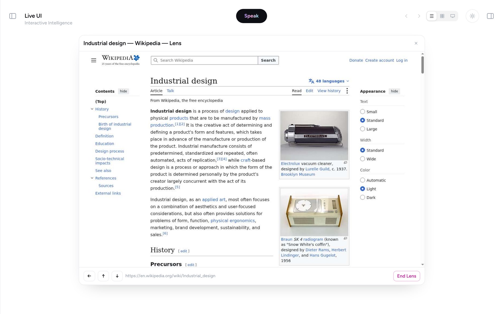 LabsAI Studio — Lens, a live web page open inside the conversation